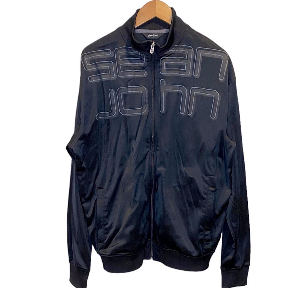 Sean John Men Black Zip Up Track Jacket Long Sleeve Polyester Size XL